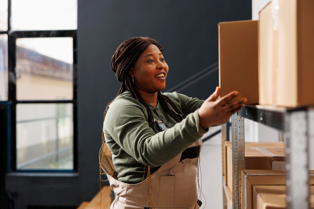 Business owner organizing boxes in a storage space