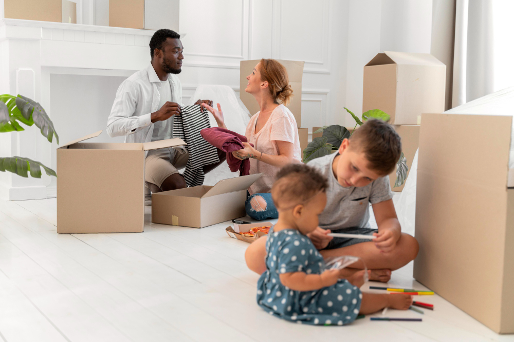 Family using a storage unit for personal belongings