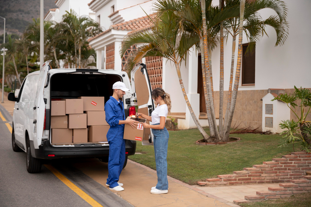 Moving truck unloading goods into short-term storage