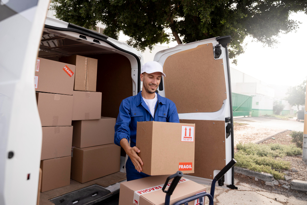 Oceandots Man and Van delivery driver loading items into a white van in the UK
